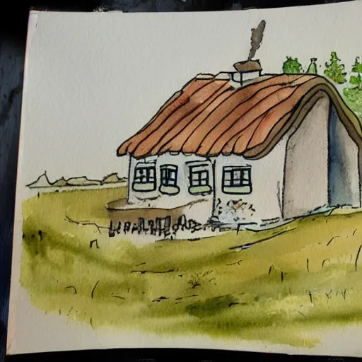 Image similar to a watercolor and ink painting of a cottage, drawn on white parchment paper