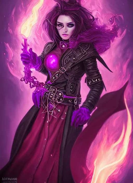 Prompt: portrait of a mix between necromancer and pyromancer, female, shiny purple fire and decadence, leather coat, high fantasy, dnd, face details, extremely detailed, smooth, sharp focus, digital illustration, by artgem, rossdraws, sakimichan, chiaroscuro