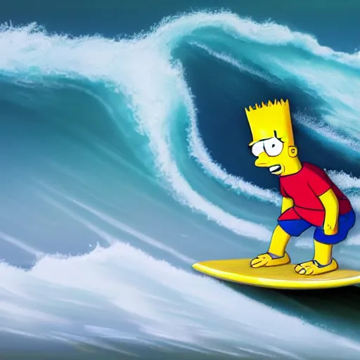 Image similar to Bart Simpson surfing the wave, artstation, 8K, UE5, photorealistic, by Boran Günday