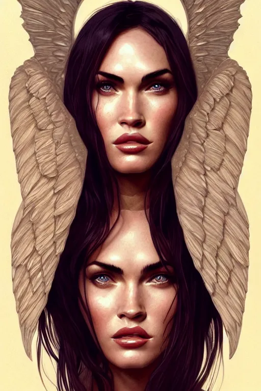 Prompt: portrait of megan fox as an blonde angel, wings, intricate, headshot, highly detailed, digital painting, artstation, concept art, sharp focus, cinematic lighting, illustration, art by artgerm and greg rutkowski, alphonse mucha, cgsociety