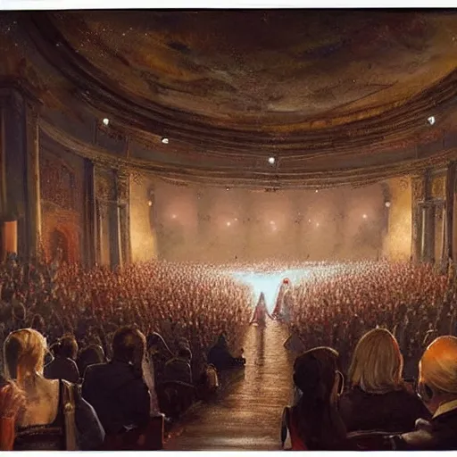 Image similar to Painting by Greg Rutkowski, hundreds of spectators look at an illuminated girl in a white long dress on a theater opera stage with an orchestra, view from the hall