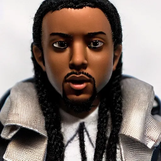 Image similar to “an award winning photograph of a shiny plastic action figure doll of Kendrick Lamar, the rapper, hip hop artist, dressed as a programmer. Cool!”