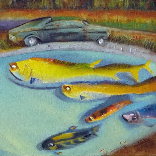 Prompt: a million fish on the side of the road oil painting