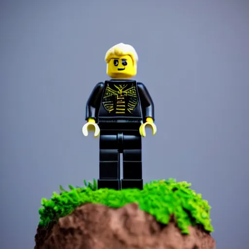 Prompt: minifigure of an wild standing on a grassy plinth with a model tree in the background, depth of field, dslr, 8k, hand painted