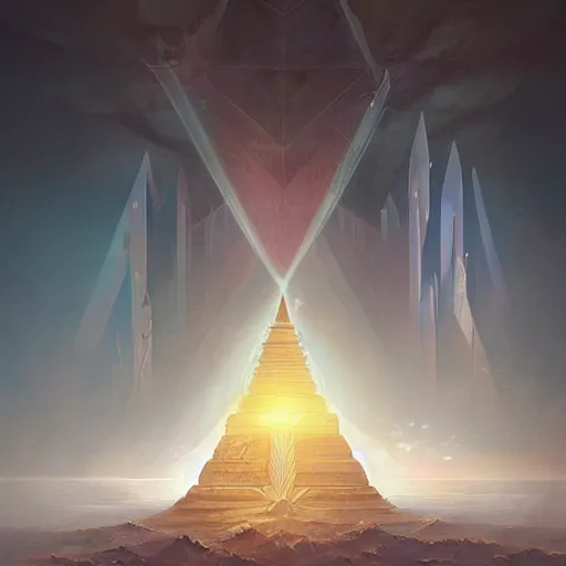 Image similar to ultradetailed pyramid structure emitting an energy beam into the atmosphere by peter mohrbacher and emmanuel shiu and martin johnson heade and bastien lecouffe - deharme