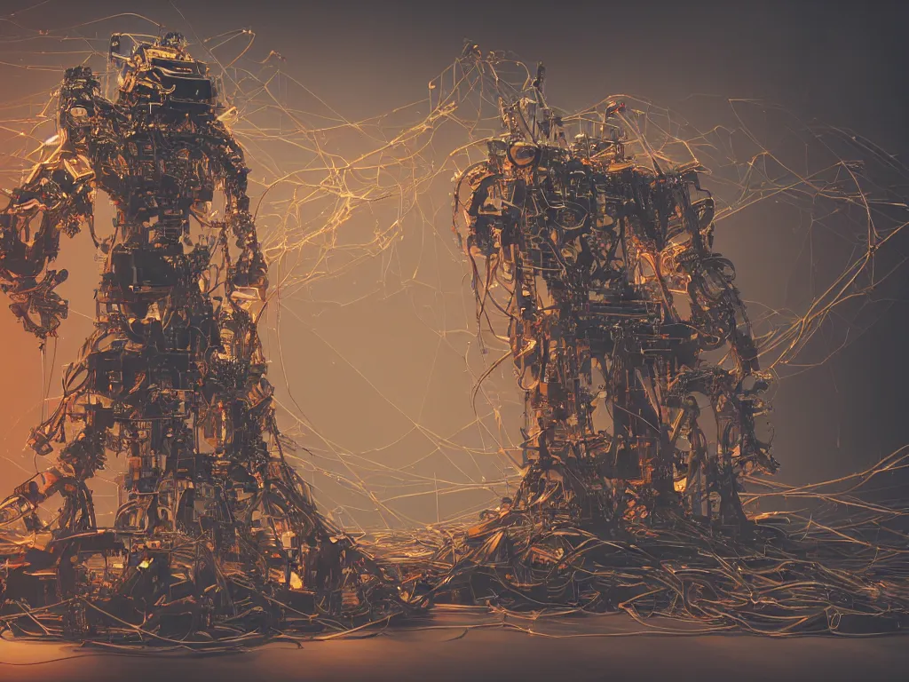 Image similar to a baroque machine, robot god constructed out of modular synthesizer components sits upon a throne cables, wires and discarded components in vast hall, macro photography, long exposure photograph, surrealism, anamorphic bokeh, warm, soft light, orange and teal, caustic, atmospheric fog, octane render, cinematic