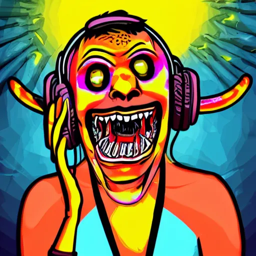 Image similar to artgerm, psychedelic laughing demon, rocking out, headphones dj rave, digital artwork, r. crumb, svg vector