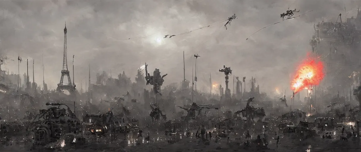 Image similar to war of the worlds, giant mech attack paris, human soldiers, intense fighting, glowing lights!! digital painting, very detailed, art by jakub rozalski