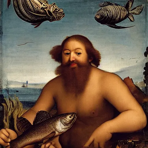 Image similar to by herbert list, by raphael, by jan van kessel the elder tired seashell. a experimental art of a mythological scene. large, bearded man seated on a throne, surrounded by sea creatures. he has a trident in one hand & a shield in the other. behind him is a large fish. in front of him are two smaller creatures.