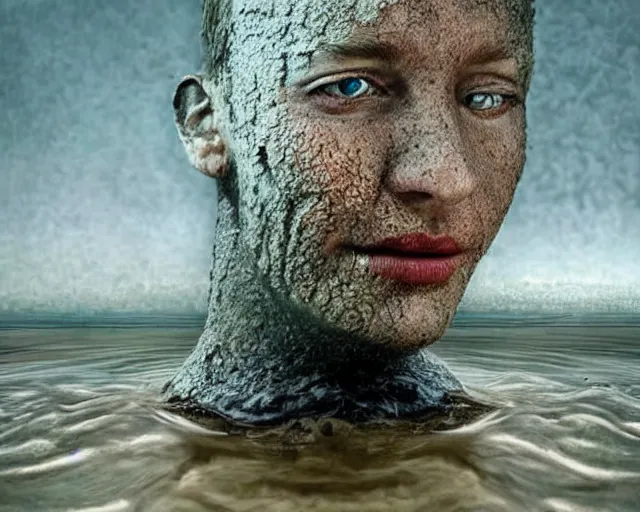 Prompt: a realistic human head coming out of the ground, surreal, water art manipulation