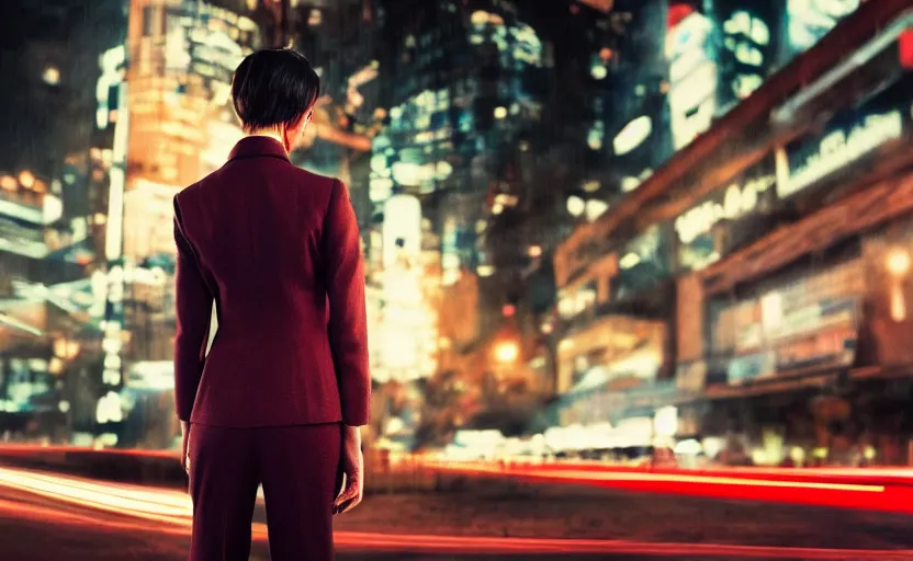 Image similar to a wide shot of a woman with a wool suit, short hair, blurred face, wearing an omega speedmaster on her wrist in front of a crowded dystopian city at night with cyberpunk lights