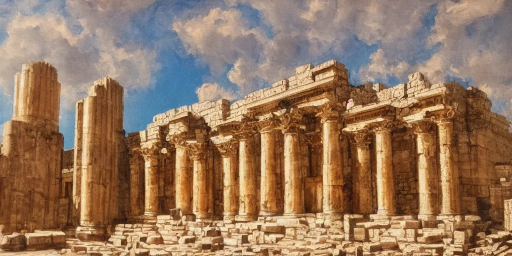 Prompt: painting of herods temple in jerusalem. 2 nd jewish temple. cinematic. epic framing, ultra wide angle, beautiful, 8 k
