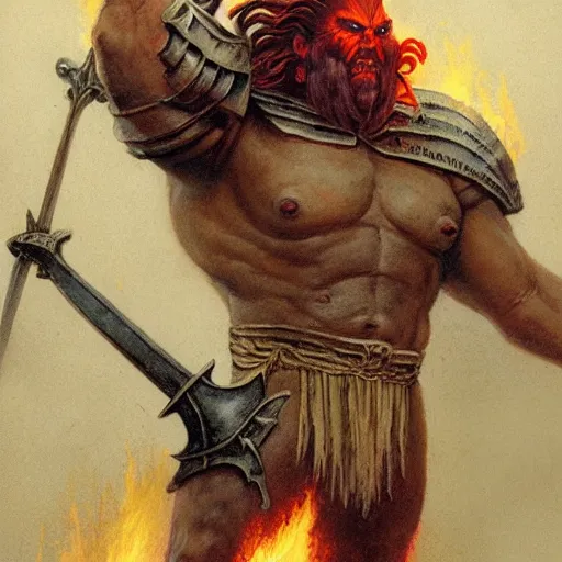 Image similar to quarter length portrait of a helmed fire giant with a giant sword wreathed in flame, d & d, fantasy, greg rutkowski, frank frazetta, alexandre chaudret, boris vallejo, michael whelan, miro petrov, hr giger, magali villeneuve, donato giancola