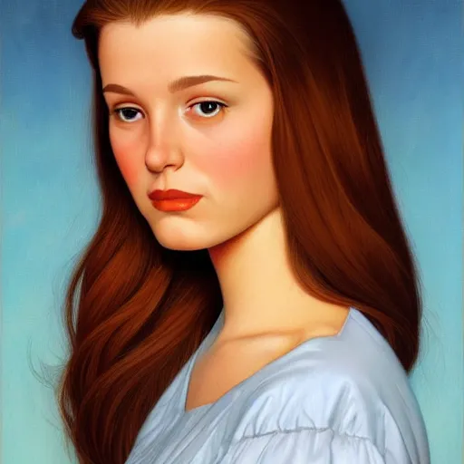 Prompt: a beautiful portrait of a young woman with a brown hair by greg hildebrandt