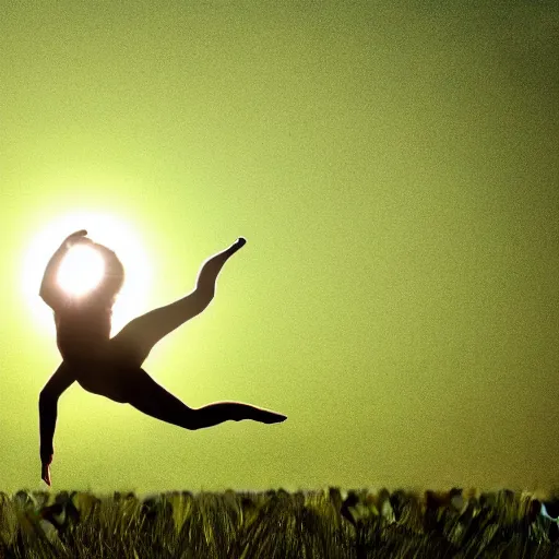 Image similar to A girl made of paper folded origami doing acrobatic contemporary dance, dramatic lighting, with bokeh effect in a sunny meadow