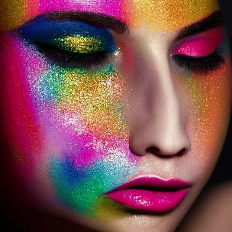 Prompt: amazing closeup portrait of an ugly woman with beautiful colorful make up by Sir John, Pat McGrath, perfect colorful eyeshadows, 50mm portrait, beautiful detailed intricate insanely detailed octane render trending on Artstation, 8K artistic photography, photorealistic, dramatic volumetric cinematic perfect light, chiaroscuro, award-winning photograph, masterpiece, Raphael, Caravaggio, harsh flash photography