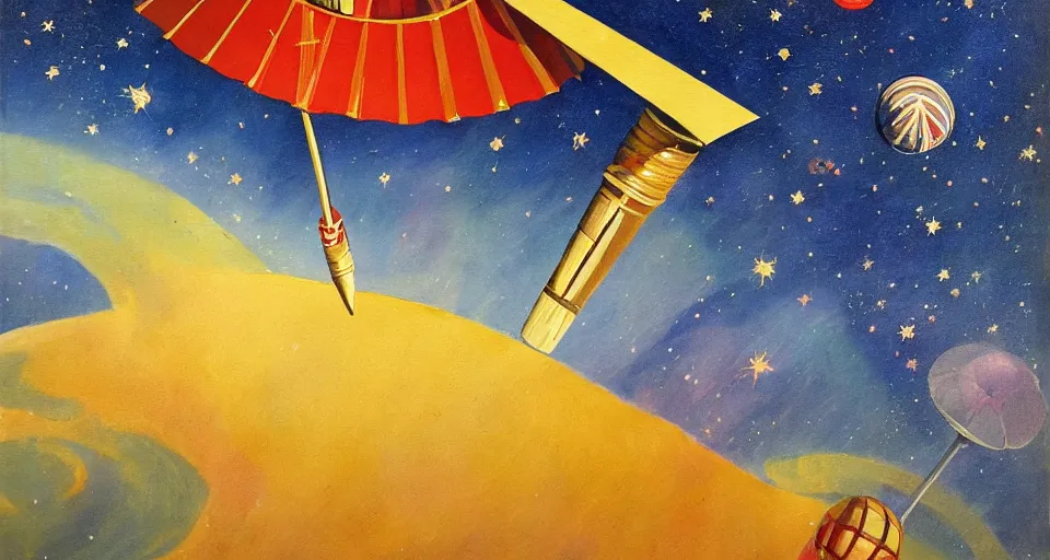 Prompt: giant umbrella in space, seen from earth, art deco painting