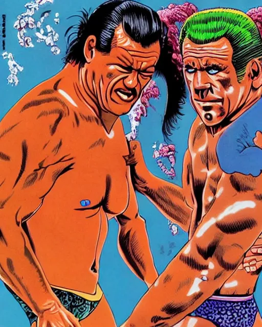 Image similar to incredible realistic antonio inoki vs ric flair, ( hyperreal detailed facial features and uv lighting, art by ed roth and basil wolverton )