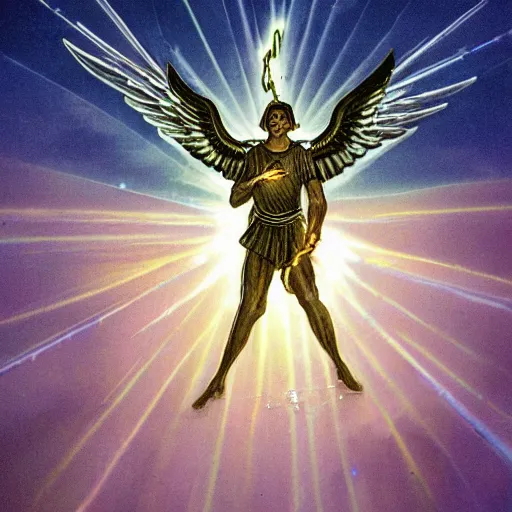 Image similar to an archangel channels a beacon of light through the tip of his sword overhead to the sky, ripples and refractions of light scatter from the tip of his sword pointing towards the sky