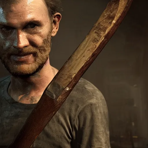 Image similar to jack baker from resident evil 7 ( 2 0 1 7 ) wielding axe, cinematic lighting, eerie atmosphere, re engine render, photorealistic face