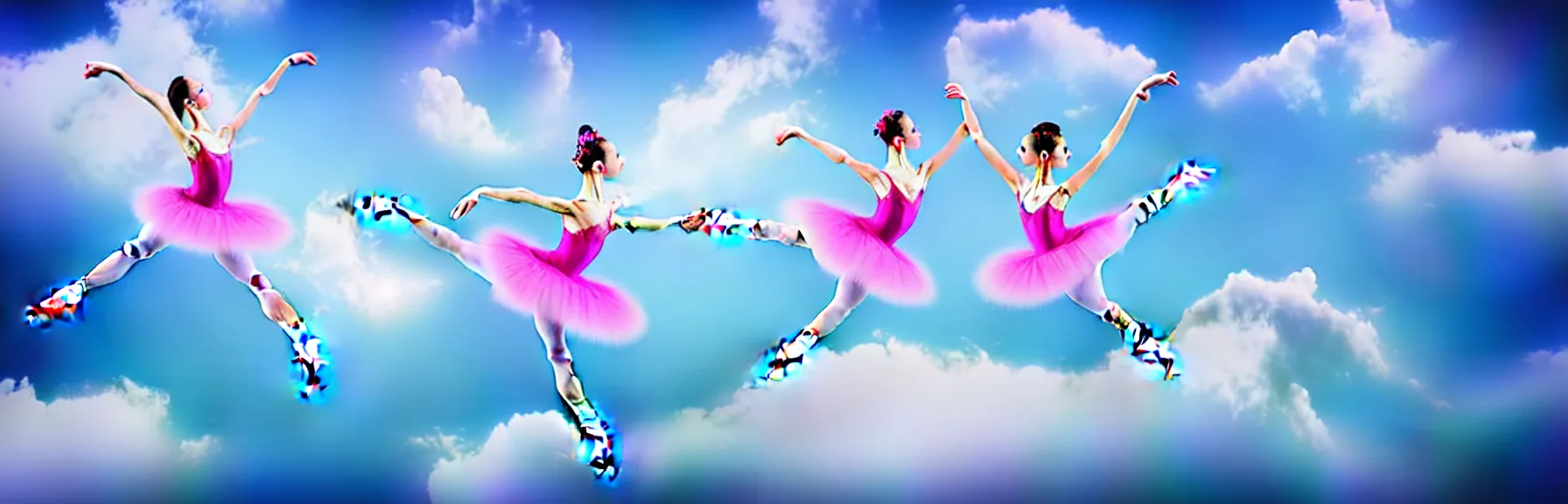Image similar to two beautiful ballerina girls dancing in the cloud in acrobatic poses; dreamy sky, ultrarealistic, photorealistic, 8K