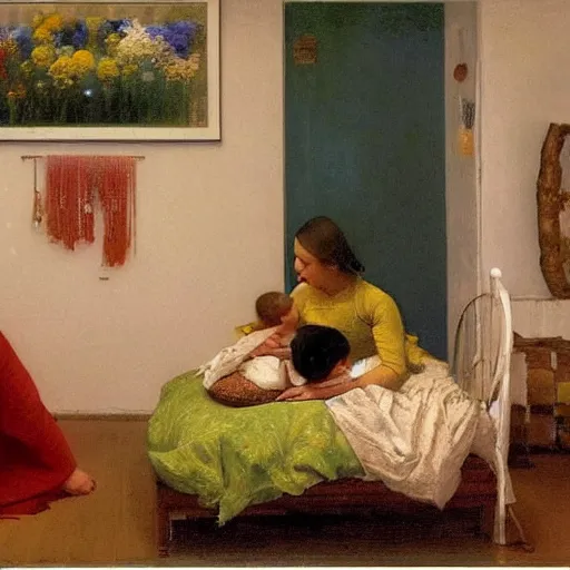 Image similar to A beautiful performance art harmony of colors, simple but powerful composition. A scene of peaceful domesticity, with a mother and child in the center, surrounded by a few simple objects. Colors are muted and calming, serenity and calm. ensō, scarlet by Ilya Repin, by Ron Mueck harrowing