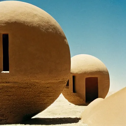 Prompt: an orb-like clay house sitting in the desert, vintage photo, beautiful cinematography, blue sky, film grain