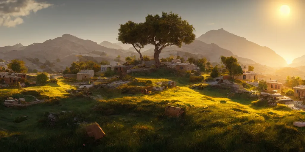 Prompt: Lively sunny landscape of an palestinian village realistic detailed digital art by Maxwell Boas Jessica Rossier Christian Dimitrov Anton Fadeev trending on Artstation CGSociety rendered in Unreal Engine 4k HQ