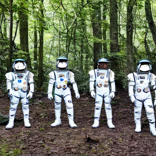 Image similar to a squad of space scouts wearing camo uniforms with white armor and helmets exploring a forest planet