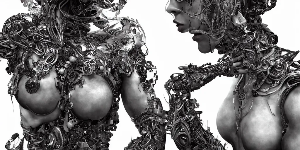 Image similar to hyper realistic photography of a stunningly beautiful cyborg female, plated arm, intimate, chest, holding close, ribbons, in the style of beth cavener, jin kagetsu,, and wlop, highly detailed, intricate filigree, symmetry, masterpiece, award winning, sharp focus, concept art, highkey lighting, ambient lighting, octane render, 8 k, artstation
