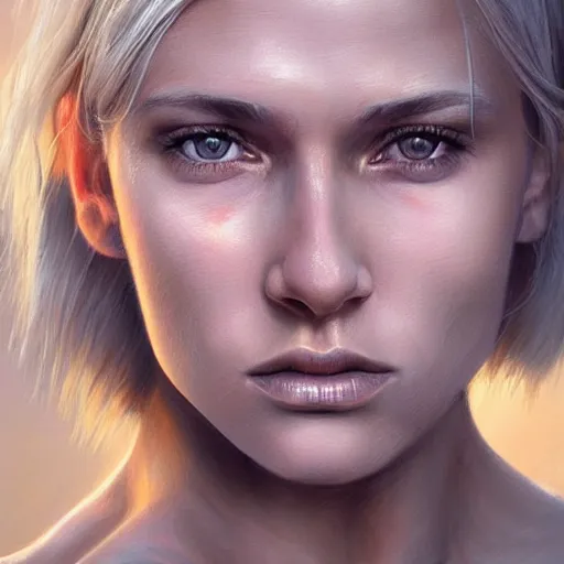 Prompt: a hyper realistic painting of a very beautiful silver haired girl with heterochromatic eyes in the sunset with muscles, digital painting, very beautiful face, pretty face, very detailed eyes, highly detailed, cute, by greg rutkowski, wlop