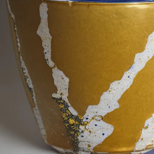 Image similar to photo of a cracked ceramic cup repaired with gold, kintsugi, beautiful, cinematic, high detail,