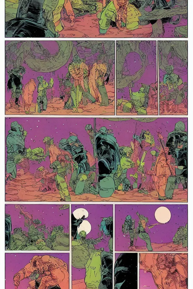 Prompt: colorfull comicpage with panels and speech balloons by Moebius showing themeaning of life