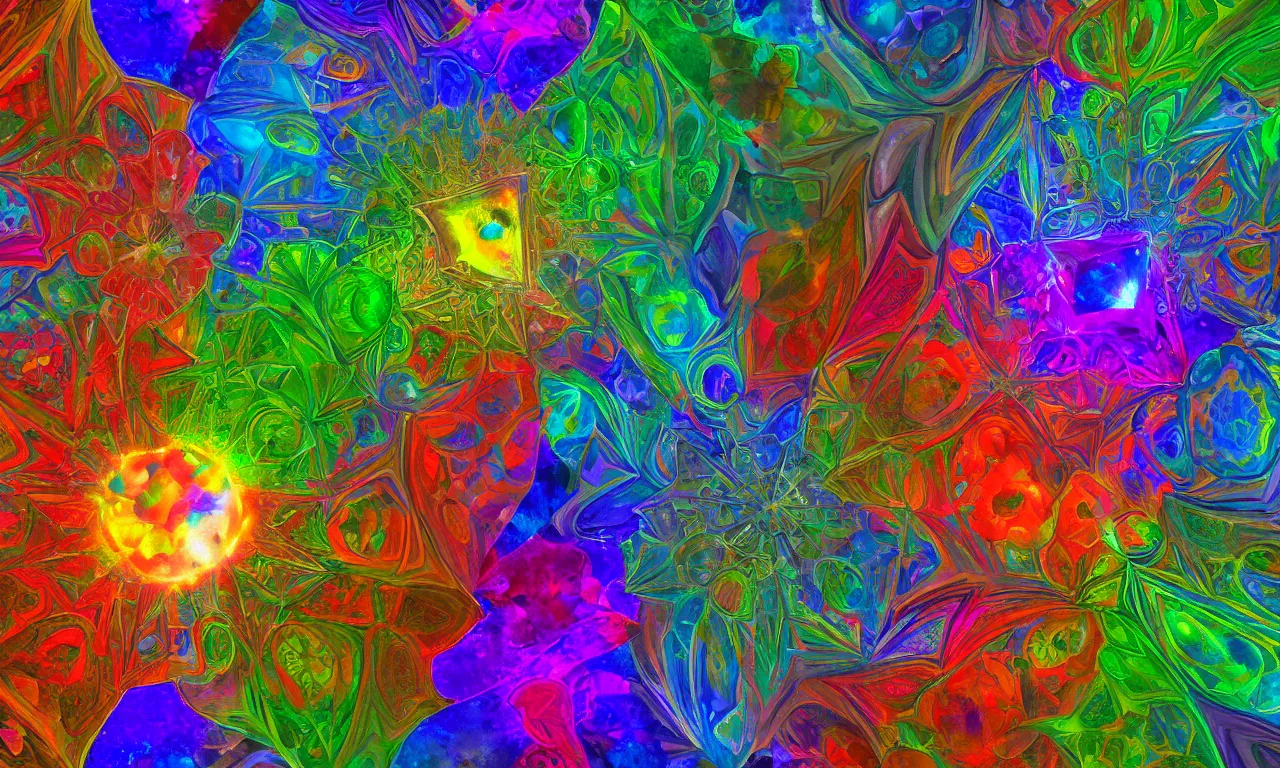 Image similar to acrylics blob voronoi engine laboratory 3 d volume kaleidoscope mandala fractal chakra digital multicolor stylized concept substance liquid nebula stone, a spectacular view cinematic rays of sunlight comic book illustration, by john kirby radiating a glowing aura global illumination ray tracing hdr depth fog overlay multiply photoshop layer