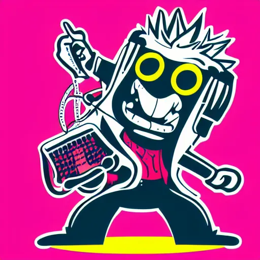 Image similar to svg vector sticker of absolutely insane-mad-scientist-villain, rocking out, wearing headphones, huge speakers, dancing, rave, DJ, spinning records, digital art, amazing composition, rule-of-thirds, award-winning, trending on artstation, featured on deviantart