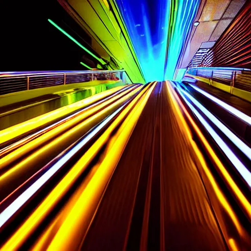 Image similar to approaching futuristic helical escalator inside white back glossy lit tube with streaming beams of light, building anticipation, scintillating, movement, pastel gradients, 8 k, highly detailed, professional photograph, epic composition, modern details