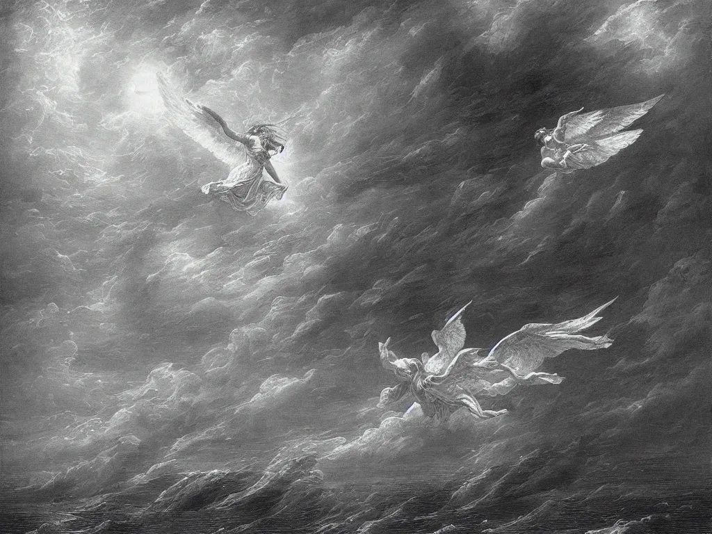 Prompt: seraphim angel in the sky flying on the sea painted by gustave dore