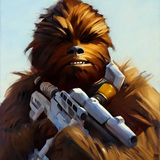 Image similar to greg manchess portrait painting of chewbacca as overwatch character, medium shot, asymmetrical, profile picture, organic painting, sunny day, matte painting, bold shapes, hard edges, street art, trending on artstation, by huang guangjian and gil elvgren and sachin teng