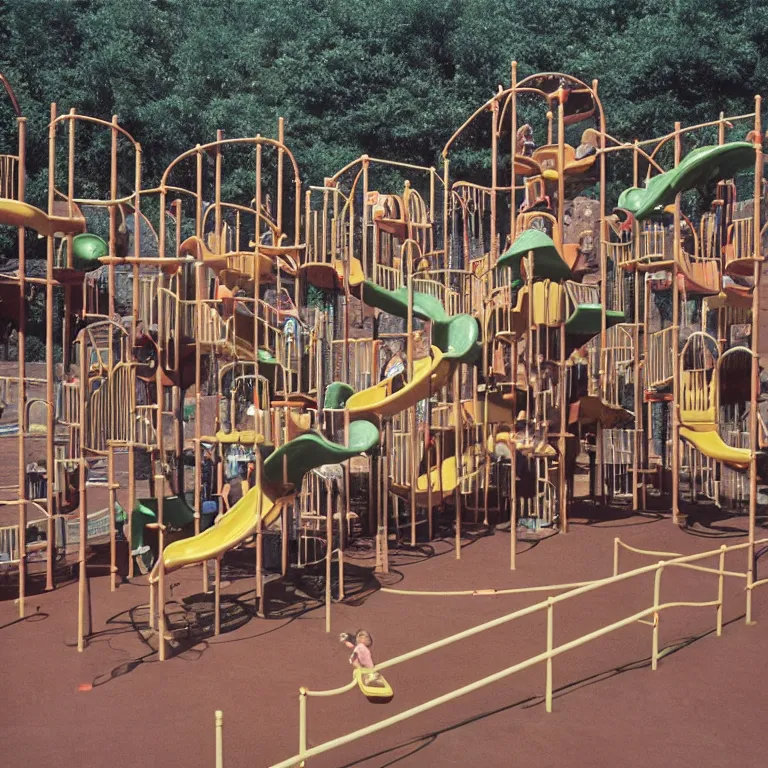 Prompt: full - color closeup 1 9 7 0 s photo of a large complex very - dense very - tall many - level playground in a crowded schoolyard. the playground is made of dark - brown wooden planks, and black rubber tires. it has many wooden spiral staircases, high bridges, ramps, and tall towers.