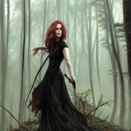 Image similar to full figure ultra realistic illustration, evan rachel wood in a forest wearing a dystopian black dress, brown flowy hair with tints of red, edo japan, intricate, elegant, highly detailed, digital painting, artstation, concept art, smooth, sharp focus, illustration, art by artgerm and greg rutkowski and alphonse mucha