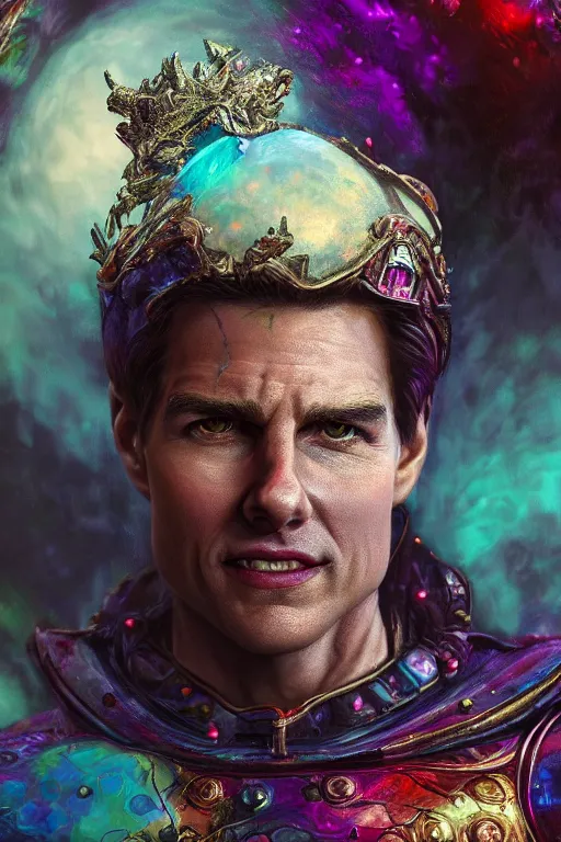 Prompt: a cinematic shot of a hyperdimensional jester, tom cruise, opalescent quartz, gemstone, 4k detailed hyperrealistic digital photo by Andy Thomas, Mario Martinez, Daniel Mirante, Gustave Dore, Artstation, CGsociety, masterpiece