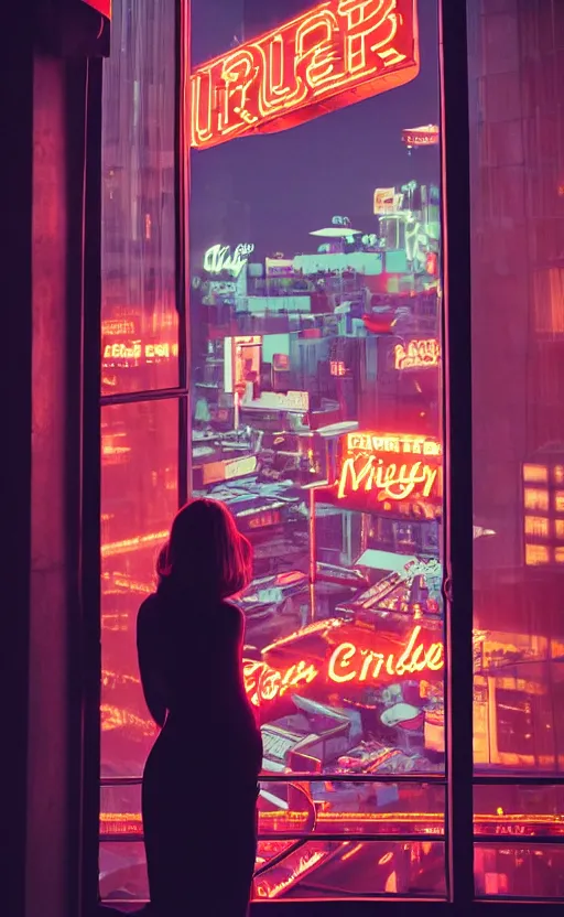 Prompt: vertical movie frame, girl in 5 0's retro restaurant, neon - decorated urban on night in the city seen through the window, modern architecture design, vintage, night, blade runner, dark, clean lines, asian futuristic city at distance, big windows, octane, wide angle