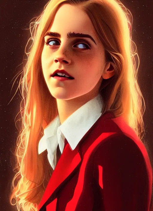 Image similar to portrait of teenage emma watson, long haircut, flowing blonde curly hair, white shirt, red tie, smiling kindly, soviet house at background, 1 9 8 0 s, intricate, elegant, glowing lights, highly detailed, digital painting, artstation, concept art, smooth, sharp focus, illustration, art by wlop, mars ravelo and greg rutkowski