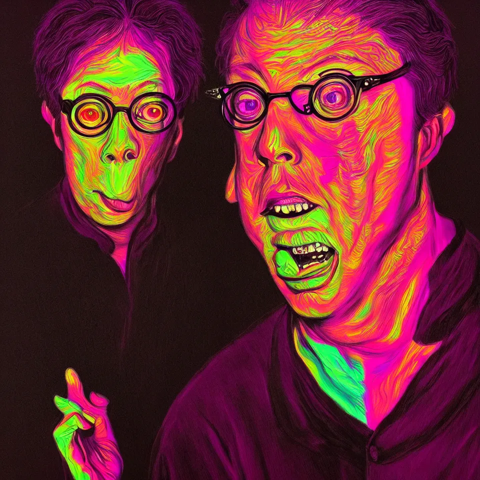 Image similar to bright psychedelic todd solondz turning into god and satan, diffuse lighting, fantasy, intricate, elegant, highly detailed, lifelike, photorealistic, digital painting, artstation, illustration, concept art, smooth, sharp focus, art by francis bacon