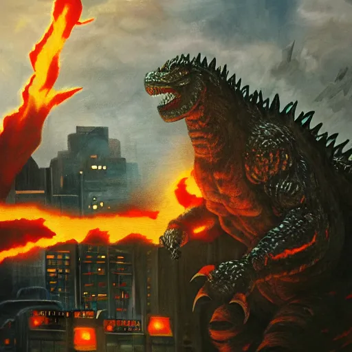 Image similar to oil painting of godzilla conquering e destroying a city, cinematic lighting