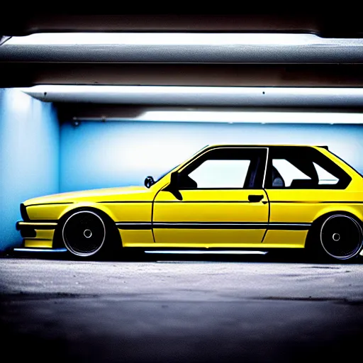 Prompt: a modified bmw e 3 0 with lights on in a futuristic neon parking garage, 3 5 mm photography, car photography, clean lines, realistic