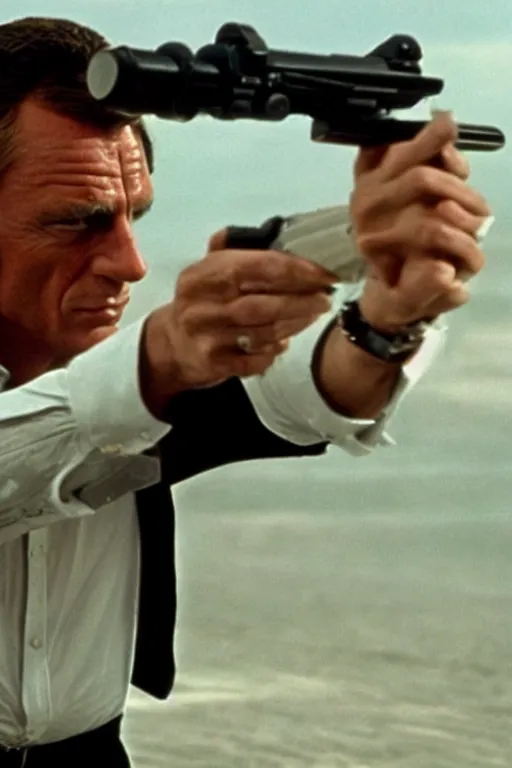 Prompt: James bond shooting the viewer with a gun straight on. You are dead.