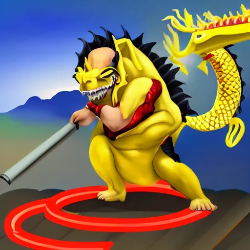 Image similar to Chinese president with bananas weapon, dragon, mountains background, fighting stance