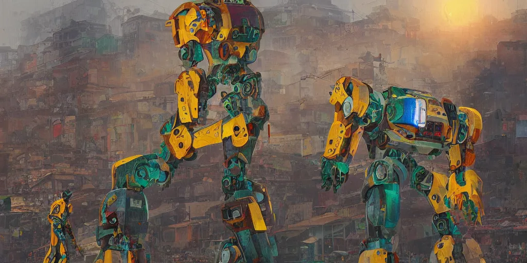 Image similar to colourful - damaged - giant mecha ROBOT of AJEGUNLE SLUMS in Lagos, markings on robot, Golden Hour, painting by Hsiao-Ron Cheng,