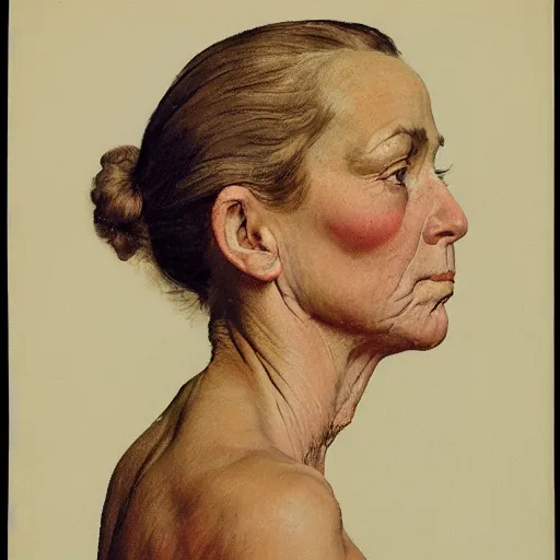 Prompt: A frontal portrait of a delicate, muscular and exhausted woman, by Norman Rockwell.